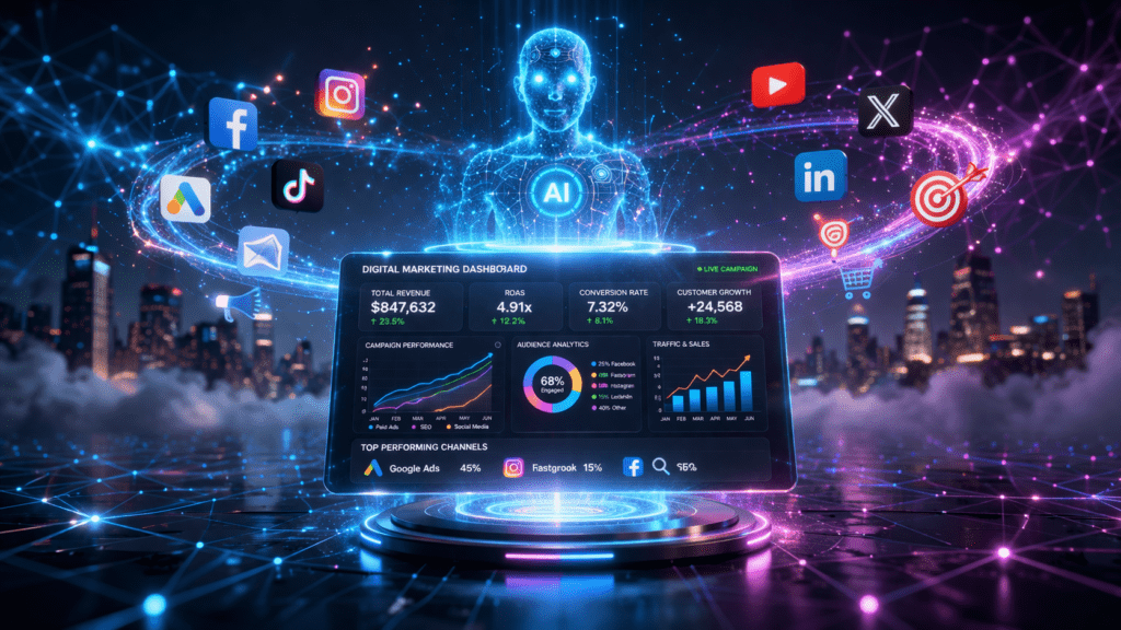 AI in digital marketing 2026 showing automation and analytics