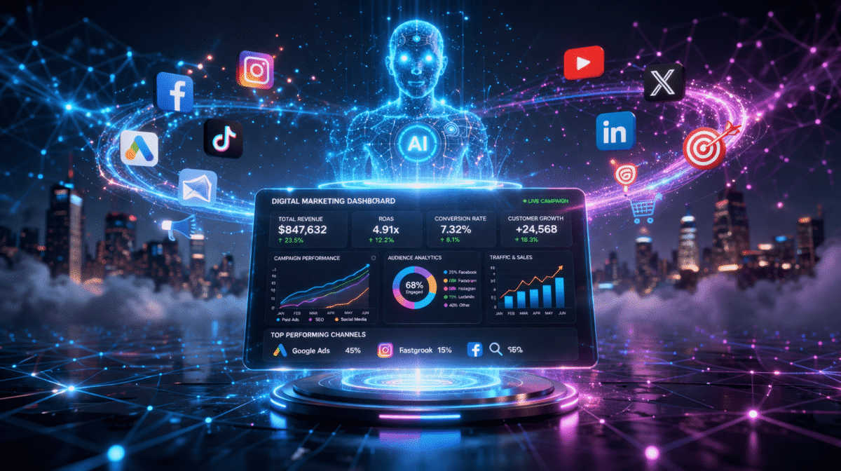 AI in digital marketing 2026 showing automation and analytics