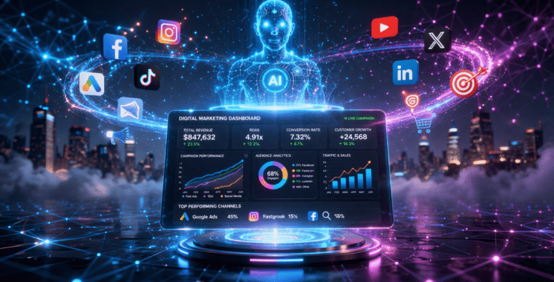 AI in digital marketing 2026 showing automation and analytics